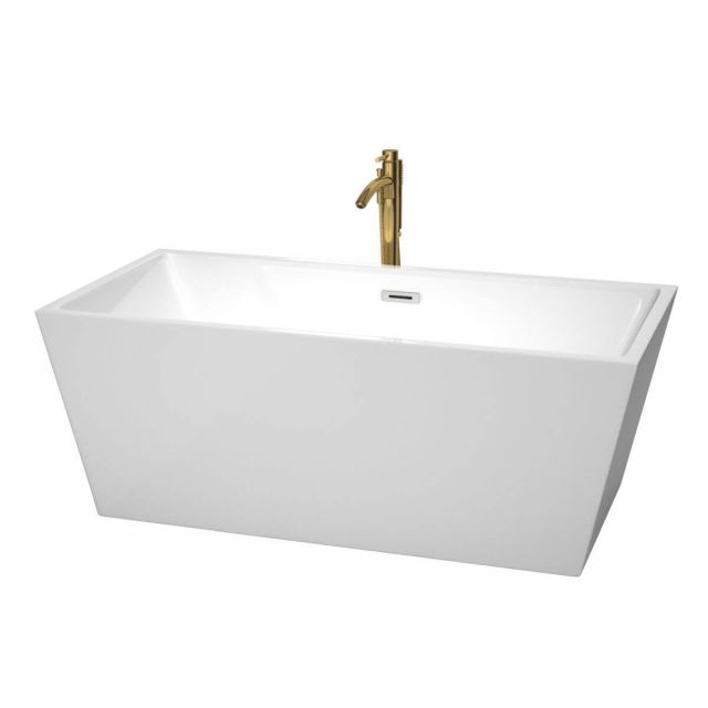 Wyndham Collection Sara 63 inch Freestanding Bathtub in White with Polished Chrome Trim and Floor Mounted Faucet in Brushed Gold - WCBTK151463PCATPGD