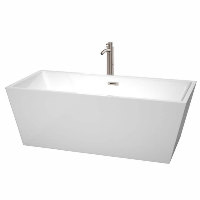 Wyndham Collection Sara 67 Inch Freestanding Bath Tub In White With Floor Mounted Faucet And Drain And Overflow Trim In Brushed Nickel - WCBTK151467ATP11BN