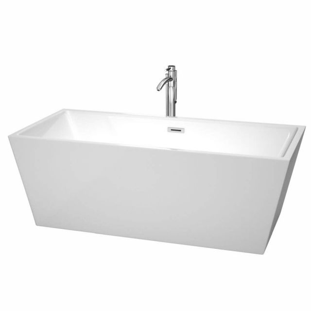 Wyndham Collection Sara 67 Inch Center Drain Soaking Tub In White with Floor Mounted Faucet In Chrome - WCBTK151467ATP11PC