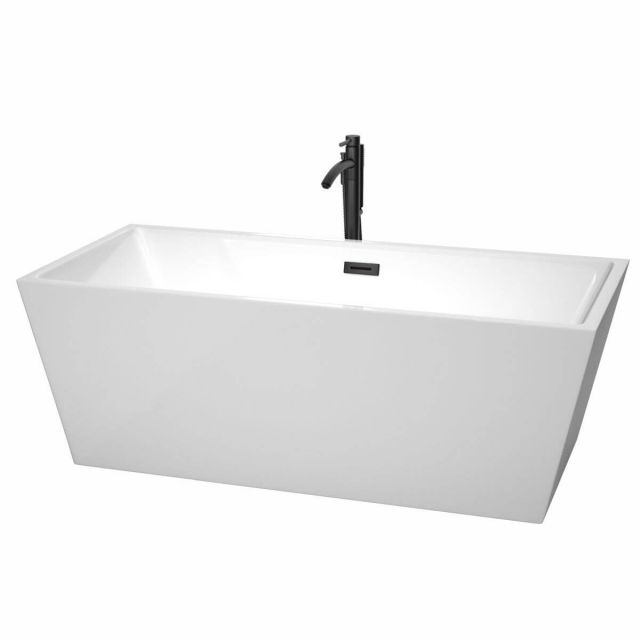 Wyndham Collection Sara 67 inch Freestanding Bathtub in White with Floor Mounted Faucet, Drain and Overflow Trim in Matte Black - WCBTK151467MBATPBK