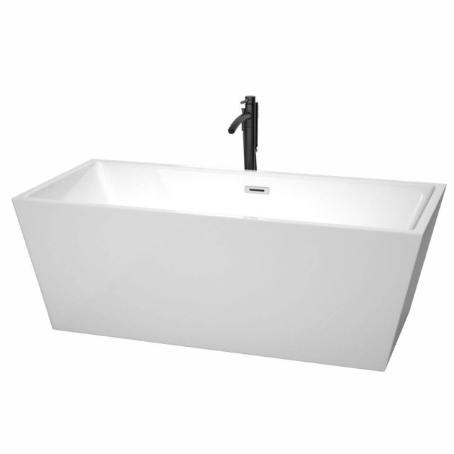Wyndham Collection Sara 67 inch Freestanding Bathtub in White with Polished Chrome Trim and Floor Mounted Faucet in Matte Black - WCBTK151467PCATPBK