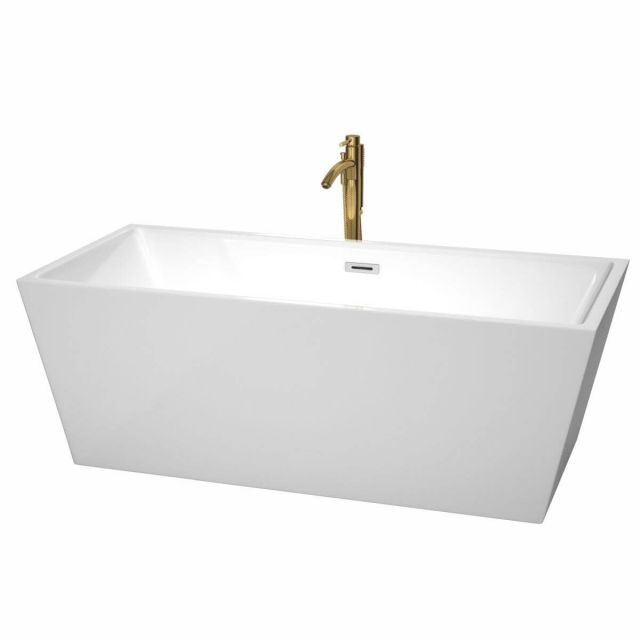 Wyndham Collection Sara 67 inch Freestanding Bathtub in White with Polished Chrome Trim and Floor Mounted Faucet in Brushed Gold - WCBTK151467PCATPGD