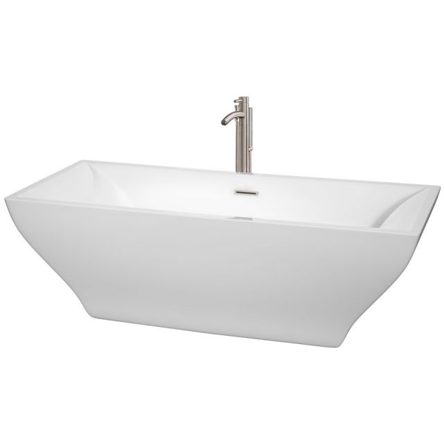 Wyndham Collection Maryam 71 Inch Freestanding Bath Tub In White With Floor Mounted Faucet And Drain And Overflow Trim In Brushed Nickel - WCBTK151871ATP11BN