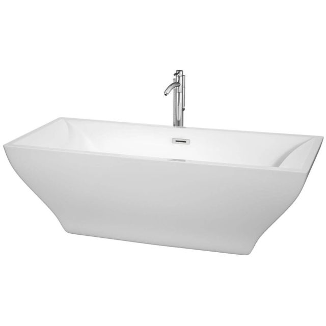 Wyndham Collection Maryam 71 inch Freestanding Bathtub in White with Floor Mounted Faucet, Drain and Overflow Trim in Polished Chrome - WCBTK151871ATP11PC