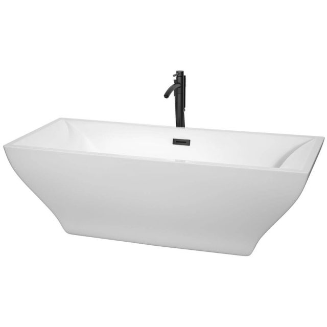 Wyndham Collection Maryam 71 inch Freestanding Bathtub in White with Floor Mounted Faucet, Drain and Overflow Trim in Matte Black - WCBTK151871MBATPBK