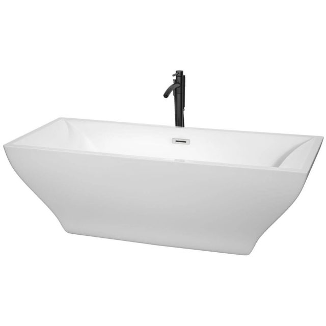 Wyndham Collection Maryam 71 inch Freestanding Bathtub in White with Polished Chrome Trim and Floor Mounted Faucet in Matte Black - WCBTK151871PCATPBK