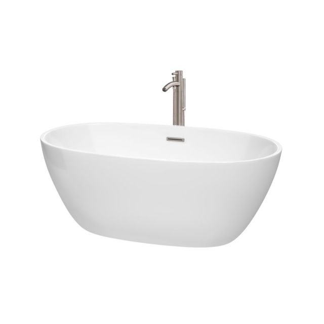 Wyndham Collection Juno 59 Inch Freestanding Bath Tub In White With Floor Mounted Faucet And Drain And Overflow Trim In Brushed Nickel - WCBTK156159ATP11BN