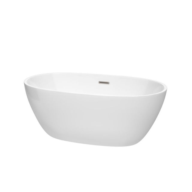 Wyndham Collection Juno 59 Inch Freestanding Bath Tub In White With Brushed Nickel Drain And Overflow Trim - WCBTK156159BNTRIM