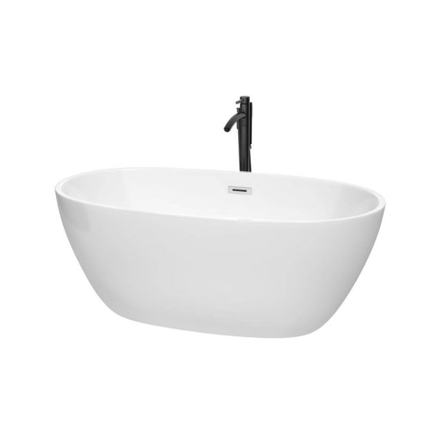 Wyndham Collection Juno 59 inch Freestanding Bathtub in White with Polished Chrome Trim and Floor Mounted Faucet in Matte Black - WCBTK156159PCATPBK