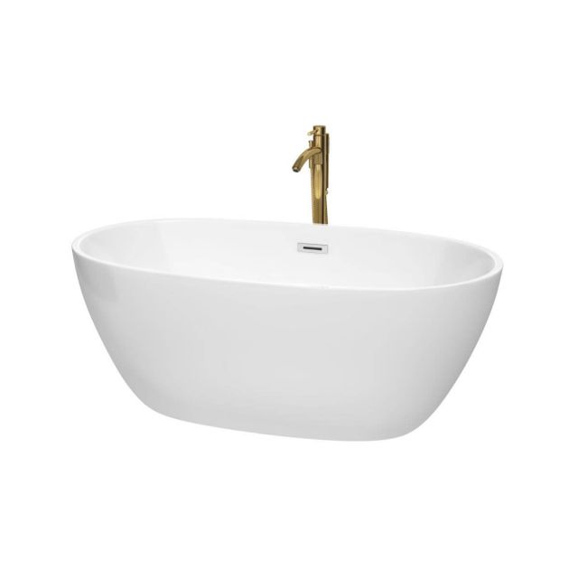 Wyndham Collection Juno 59 inch Freestanding Bathtub in White with Polished Chrome Trim and Floor Mounted Faucet in Brushed Gold - WCBTK156159PCATPGD