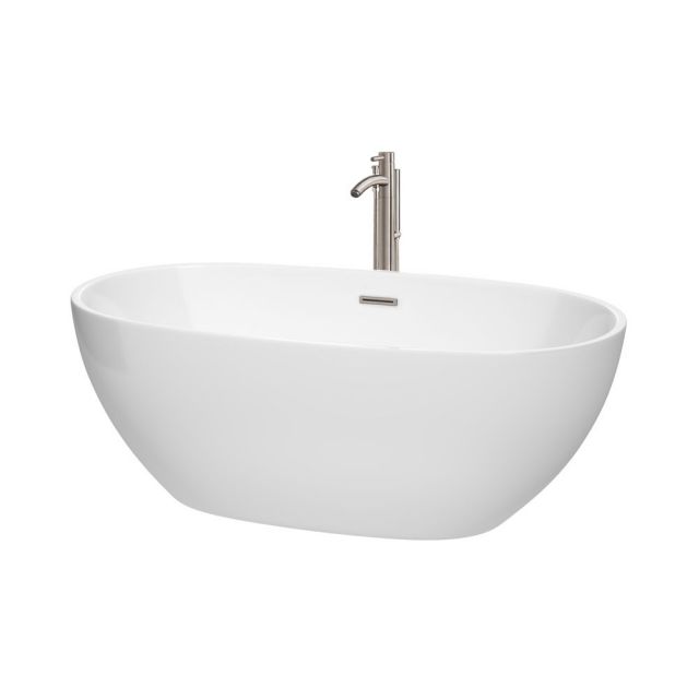 Wyndham Collection Juno 63 Inch Freestanding Bath Tub In White With Floor Mounted Faucet And Drain And Overflow Trim In Brushed Nickel - WCBTK156163ATP11BN