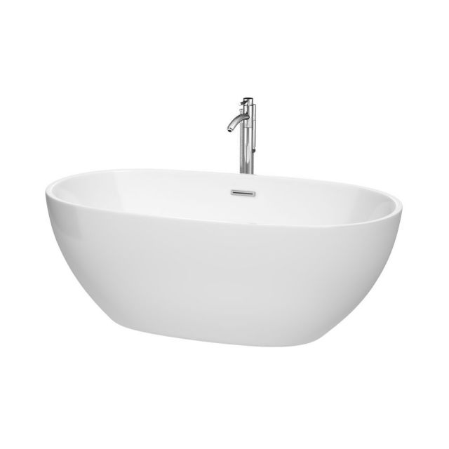 Wyndham Collection Juno 63 Inch Freestanding Bath Tub In White With Polished Chrome Drain And Overflow Trim And Floor Mounted Faucet - WCBTK156163ATP11PC