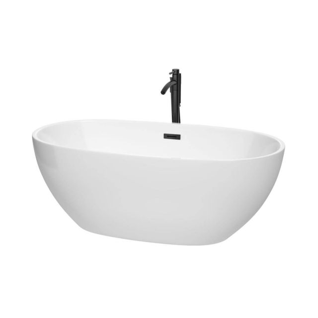 Wyndham Collection Juno 63 inch Freestanding Bathtub in White with Floor Mounted Faucet, Drain and Overflow Trim in Matte Black - WCBTK156163MBATPBK