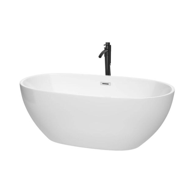 Wyndham Collection Juno 63 inch Freestanding Bathtub in White with Polished Chrome Trim and Floor Mounted Faucet in Matte Black - WCBTK156163PCATPBK