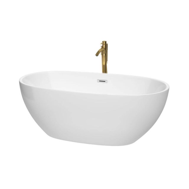 Wyndham Collection Juno 63 inch Freestanding Bathtub in White with Polished Chrome Trim and Floor Mounted Faucet in Brushed Gold - WCBTK156163PCATPGD