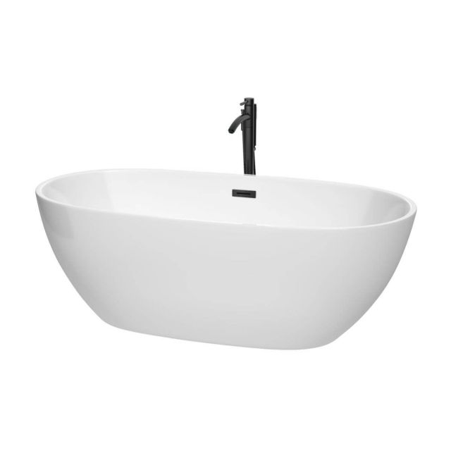 Wyndham Collection Juno 67 inch Freestanding Bathtub in White with Floor Mounted Faucet, Drain and Overflow Trim in Matte Black - WCBTK156167MBATPBK