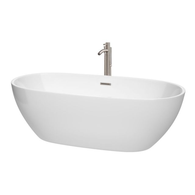 Wyndham Collection Juno 71 Inch Freestanding Bath Tub In White With Floor Mounted Faucet And Drain And Overflow Trim In Brushed Nickel - WCBTK156171ATP11BN