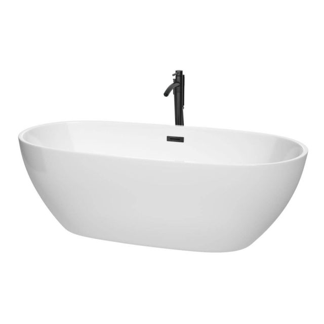 Wyndham Collection Juno 71 inch Freestanding Bathtub in White with Floor Mounted Faucet, Drain and Overflow Trim in Matte Black - WCBTK156171MBATPBK