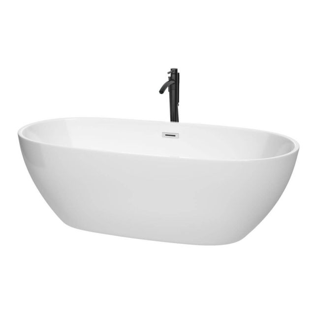 Wyndham Collection Juno 71 inch Freestanding Bathtub in White with Polished Chrome Trim and Floor Mounted Faucet in Matte Black - WCBTK156171PCATPBK