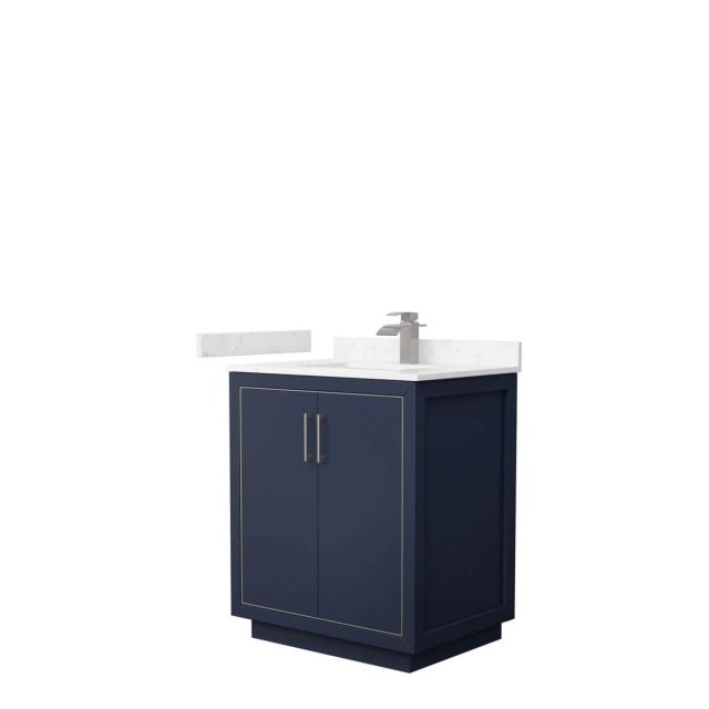 Wyndham Collection WCF111130SBNC2UNSMXX Icon 30 inch Single Bathroom Vanity in Dark Blue with Carrara Cultured Marble Countertop, Undermount Square Sink and Brushed Nickel Trim