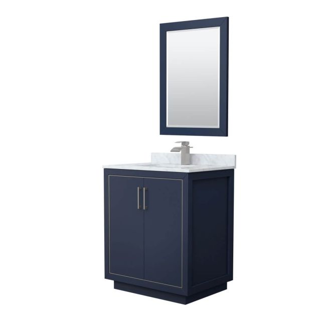 Wyndham Collection WCF111130SBNCMUNSM24 Icon 30 inch Single Bathroom Vanity in Dark Blue with White Carrara Marble Countertop, Undermount Square Sink, Brushed Nickel Trim and 24 Inch Mirror