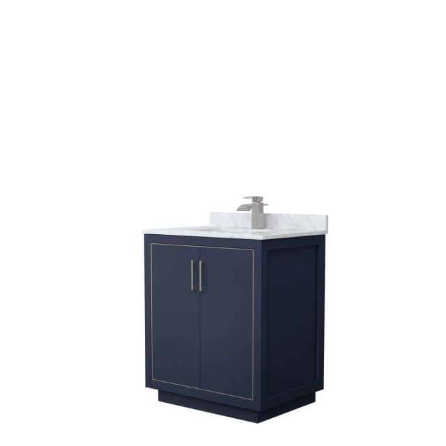 Wyndham Collection WCF111130SBNCMUNSMXX Icon 30 inch Single Bathroom Vanity in Dark Blue with White Carrara Marble Countertop, Undermount Square Sink and Brushed Nickel Trim