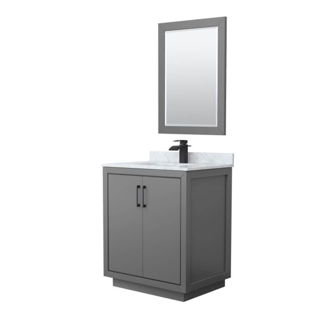 Wyndham Collection WCF111130SGBCMUNSM24 Icon 30 inch Single Bathroom Vanity in Dark Gray with White Carrara Marble Countertop, Undermount Square Sink, Matte Black Trim and 24 Inch Mirror