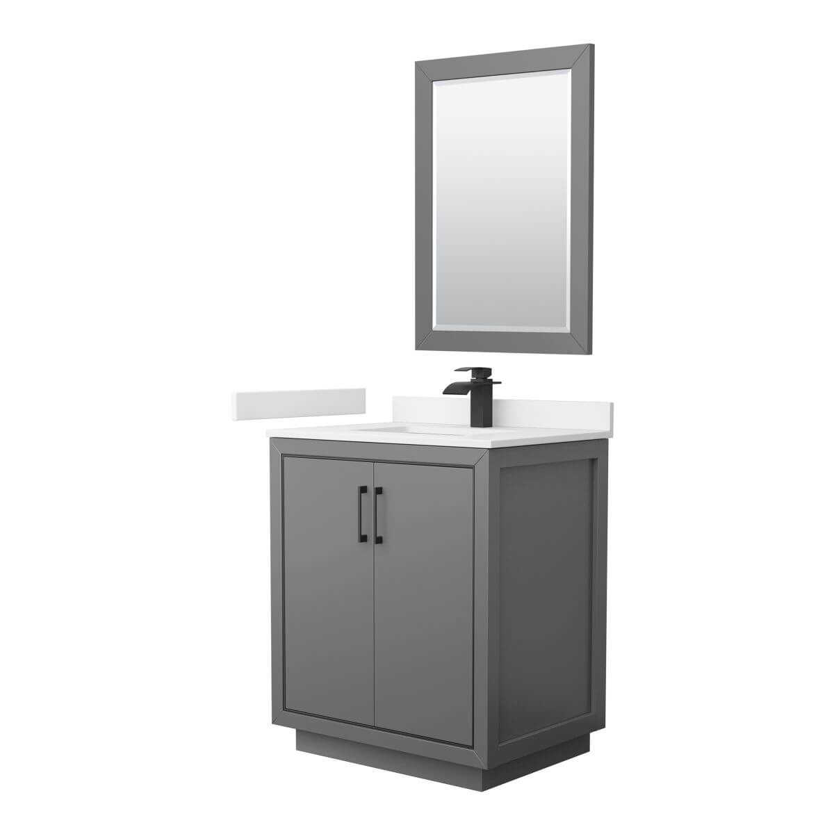 Wyndham Collection WCF111130SGBWCUNSM24 Icon 30 inch Single Bathroom Vanity in Dark Gray with White Cultured Marble Countertop, Undermount Square Sink, Matte Black Trim and 24 Inch Mirror