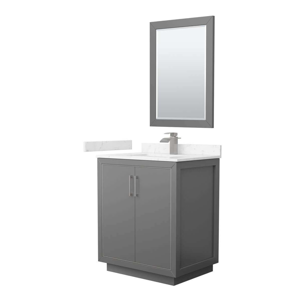 Wyndham Collection WCF111130SKGC2UNSM24 Icon 30 inch Single Bathroom Vanity in Dark Gray with Carrara Cultured Marble Countertop, Undermount Square Sink, Brushed Nickel Trim and 24 Inch Mirror