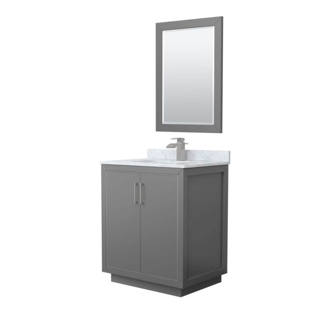 Wyndham Collection WCF111130SKGCMUNSM24 Icon 30 inch Single Bathroom Vanity in Dark Gray with White Carrara Marble Countertop, Undermount Square Sink, Brushed Nickel Trim and 24 Inch Mirror