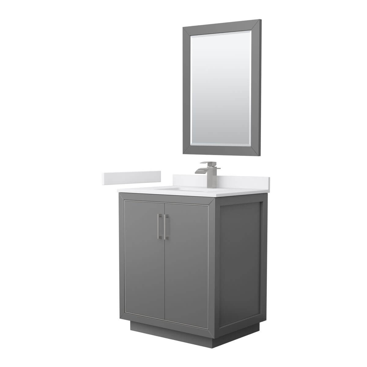 Wyndham Collection WCF111130SKGWCUNSM24 Icon 30 inch Single Bathroom Vanity in Dark Gray with White Cultured Marble Countertop, Undermount Square Sink, Brushed Nickel Trim and 24 Inch Mirror