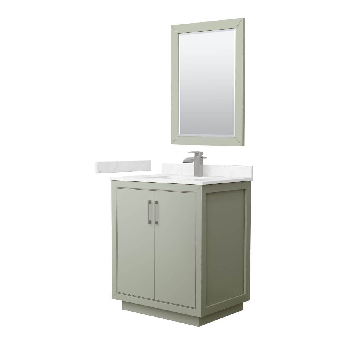 Wyndham Collection WCF111130SLGC2UNSM24 Icon 30 inch Single Bathroom Vanity in Light Green with Carrara Cultured Marble Countertop, Undermount Square Sink, Brushed Nickel Trim and 24 Inch Mirror