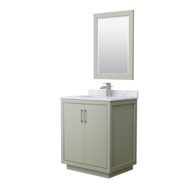 Wyndham Collection WCF111130SLGCMUNSM24 Icon 30 inch Single Bathroom Vanity in Light Green with White Carrara Marble Countertop, Undermount Square Sink, Brushed Nickel Trim and 24 Inch Mirror