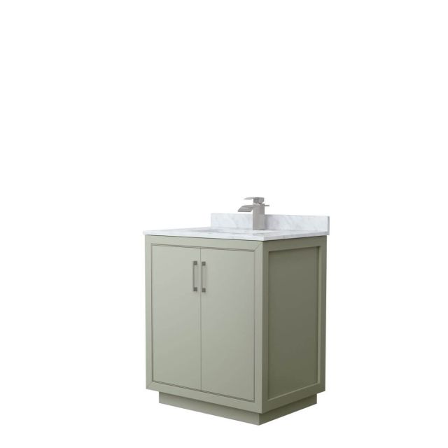 Wyndham Collection WCF111130SLGCMUNSMXX Icon 30 inch Single Bathroom Vanity in Light Green with White Carrara Marble Countertop, Undermount Square Sink and Brushed Nickel Trim