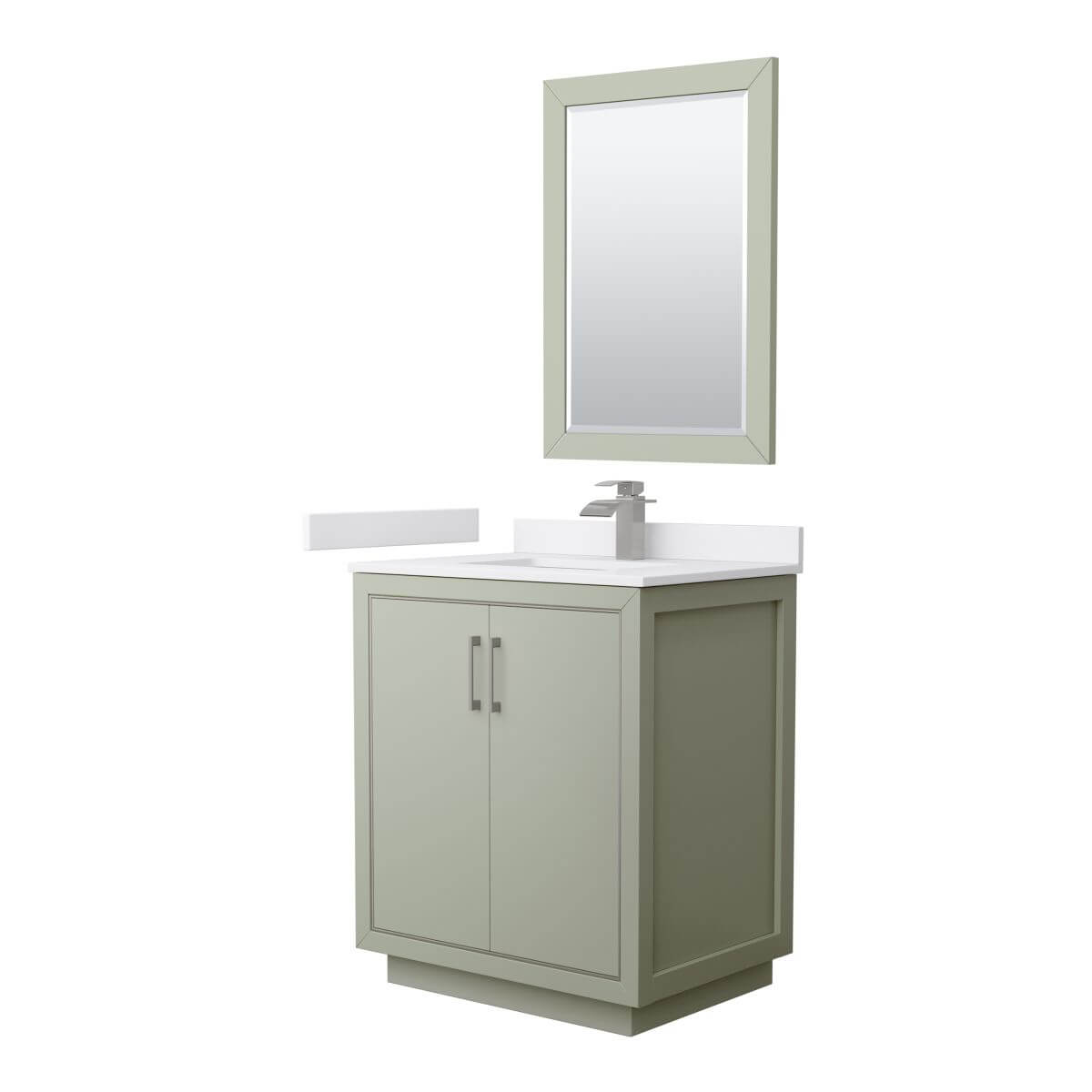 Wyndham Collection WCF111130SLGWCUNSM24 Icon 30 inch Single Bathroom Vanity in Light Green with White Cultured Marble Countertop, Undermount Square Sink, Brushed Nickel Trim and 24 Inch Mirror
