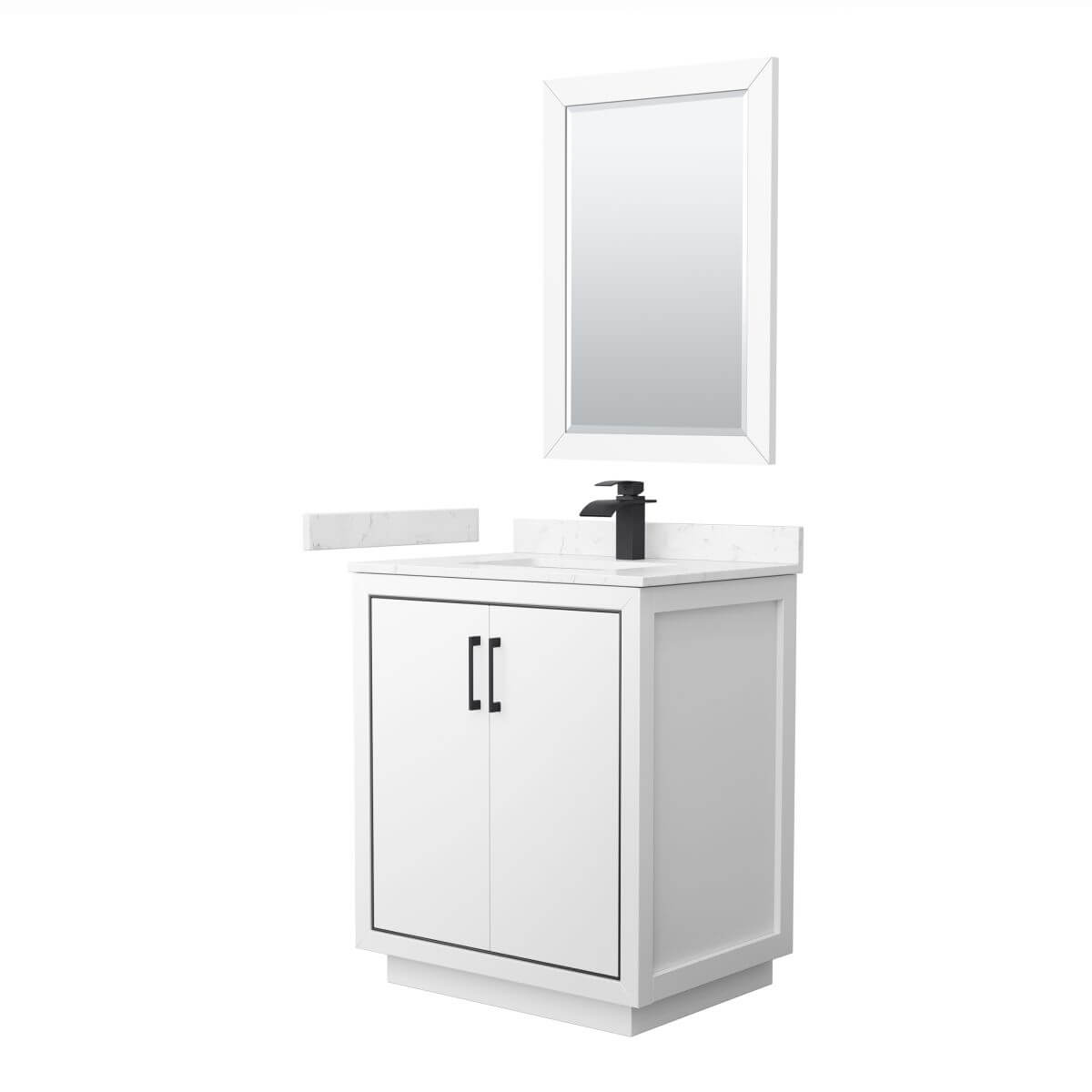 Wyndham Collection WCF111130SWBC2UNSM24 Icon 30 inch Single Bathroom Vanity in White with Carrara Cultured Marble Countertop, Undermount Square Sink, Matte Black Trim and 24 Inch Mirror
