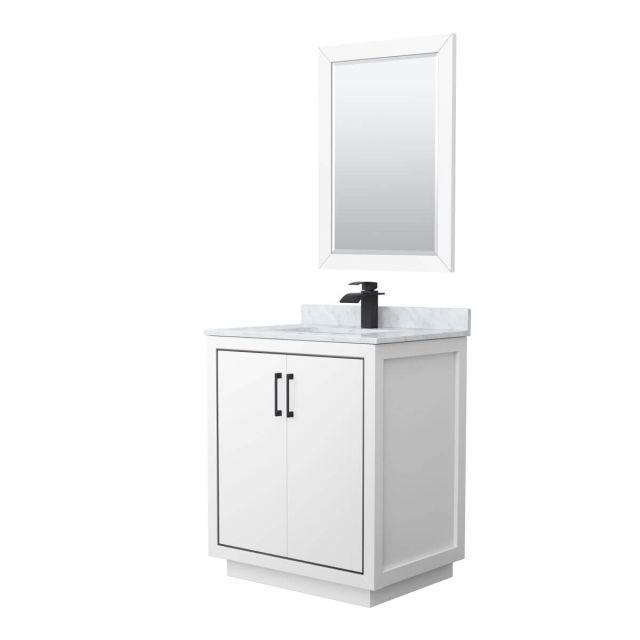 Wyndham Collection WCF111130SWBCMUNSM24 Icon 30 inch Single Bathroom Vanity in White with White Carrara Marble Countertop, Undermount Square Sink, Matte Black Trim and 24 Inch Mirror