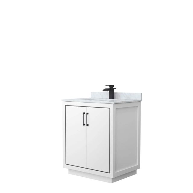Wyndham Collection WCF111130SWBCMUNSMXX Icon 30 inch Single Bathroom Vanity in White with White Carrara Marble Countertop, Undermount Square Sink and Matte Black Trim