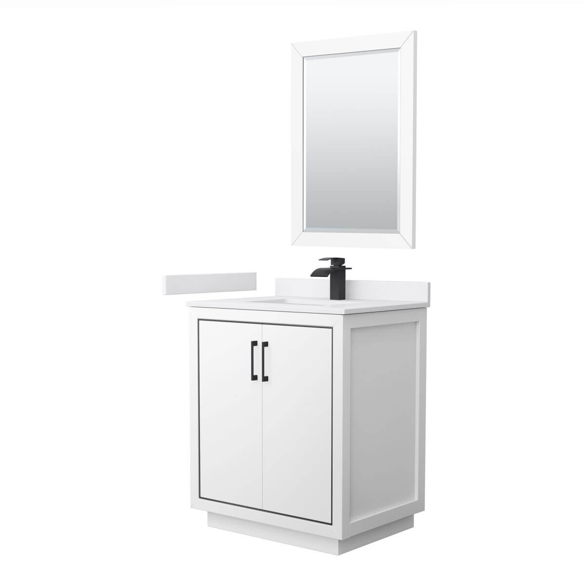 Wyndham Collection WCF111130SWBWCUNSM24 Icon 30 inch Single Bathroom Vanity in White with White Cultured Marble Countertop, Undermount Square Sink, Matte Black Trim and 24 Inch Mirror