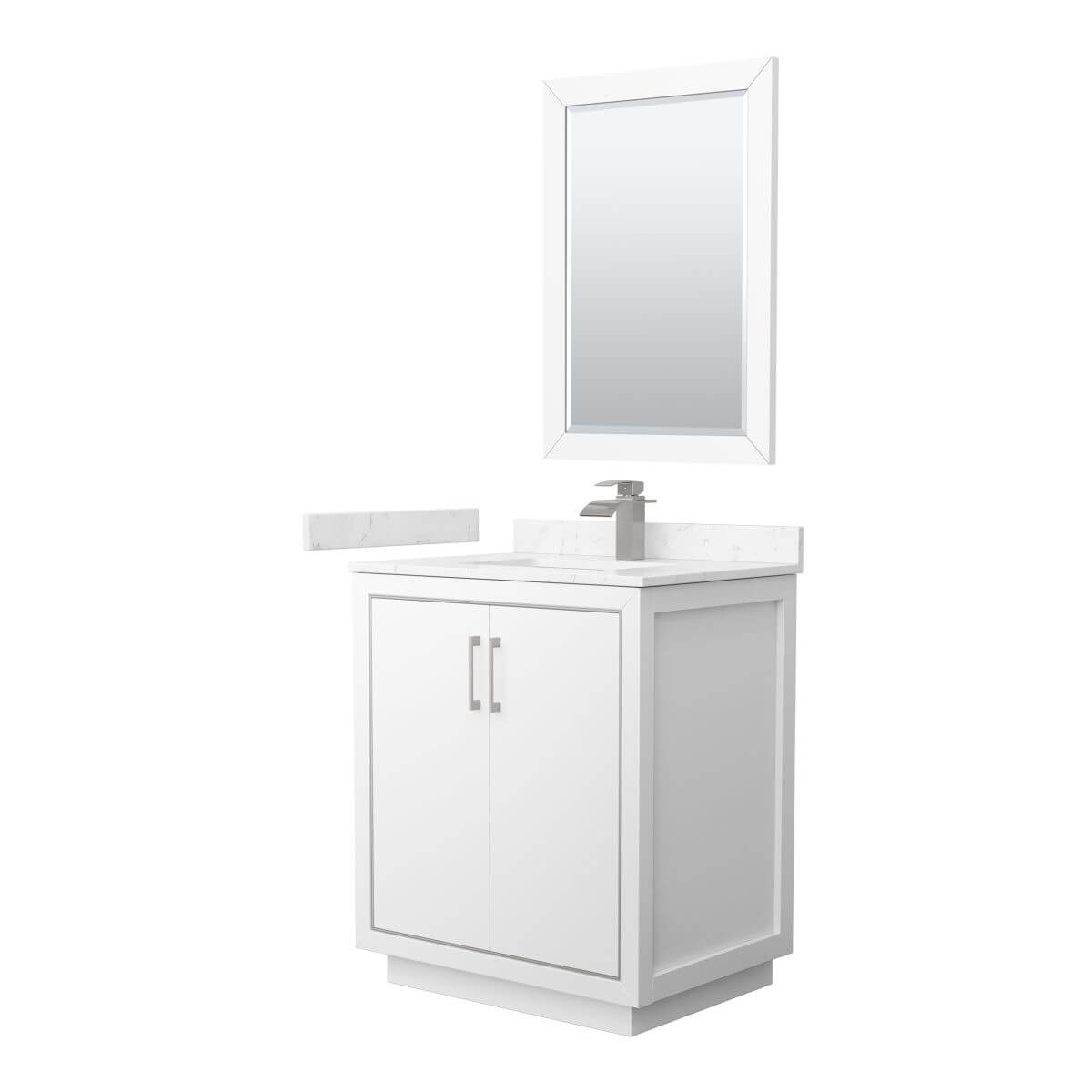 Wyndham Collection WCF111130SWHC2UNSM24 Icon 30 inch Single Bathroom Vanity in White with Carrara Cultured Marble Countertop, Undermount Square Sink, Brushed Nickel Trim and 24 Inch Mirror