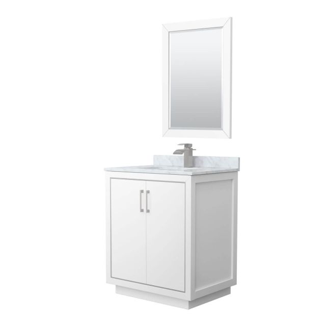 Wyndham Collection WCF111130SWHCMUNSM24 Icon 30 inch Single Bathroom Vanity in White with White Carrara Marble Countertop, Undermount Square Sink, Brushed Nickel Trim and 24 Inch Mirror