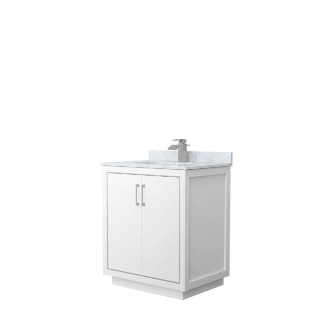 Wyndham Collection WCF111130SWHCMUNSMXX Icon 30 inch Single Bathroom Vanity in White with White Carrara Marble Countertop, Undermount Square Sink and Brushed Nickel Trim