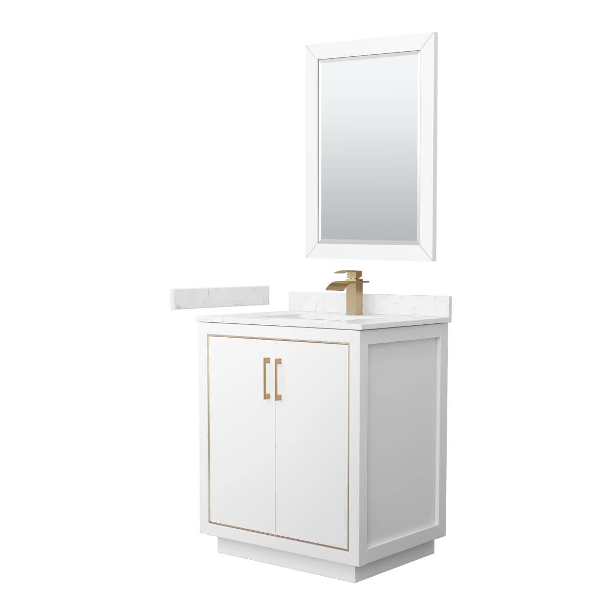 Wyndham Collection WCF111130SWZC2UNSM24 Icon 30 inch Single Bathroom Vanity in White with Carrara Cultured Marble Countertop, Undermount Square Sink, Satin Bronze Trim and 24 Inch Mirror