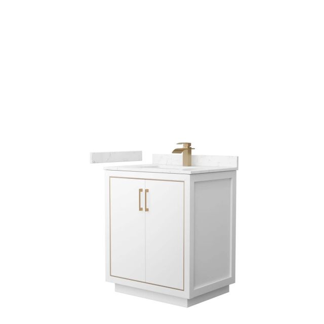 Wyndham Collection WCF111130SWZC2UNSMXX Icon 30 inch Single Bathroom Vanity in White with Carrara Cultured Marble Countertop, Undermount Square Sink and Satin Bronze Trim
