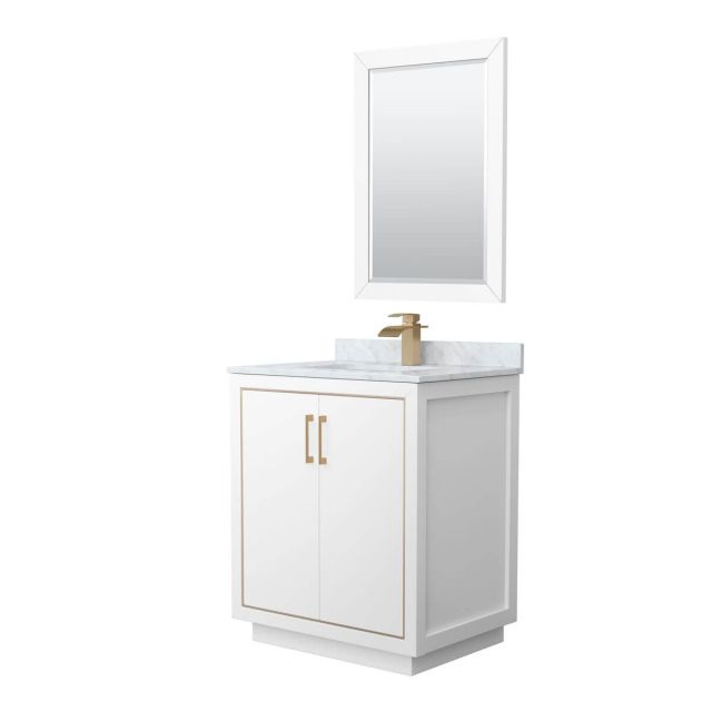 Wyndham Collection WCF111130SWZCMUNSM24 Icon 30 inch Single Bathroom Vanity in White with White Carrara Marble Countertop, Undermount Square Sink, Satin Bronze Trim and 24 Inch Mirror