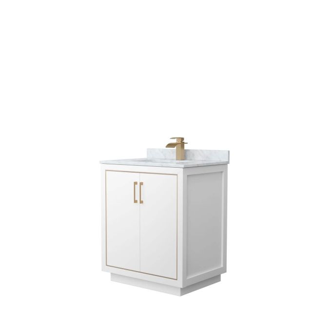 Wyndham Collection WCF111130SWZCMUNSMXX Icon 30 inch Single Bathroom Vanity in White with White Carrara Marble Countertop, Undermount Square Sink and Satin Bronze Trim