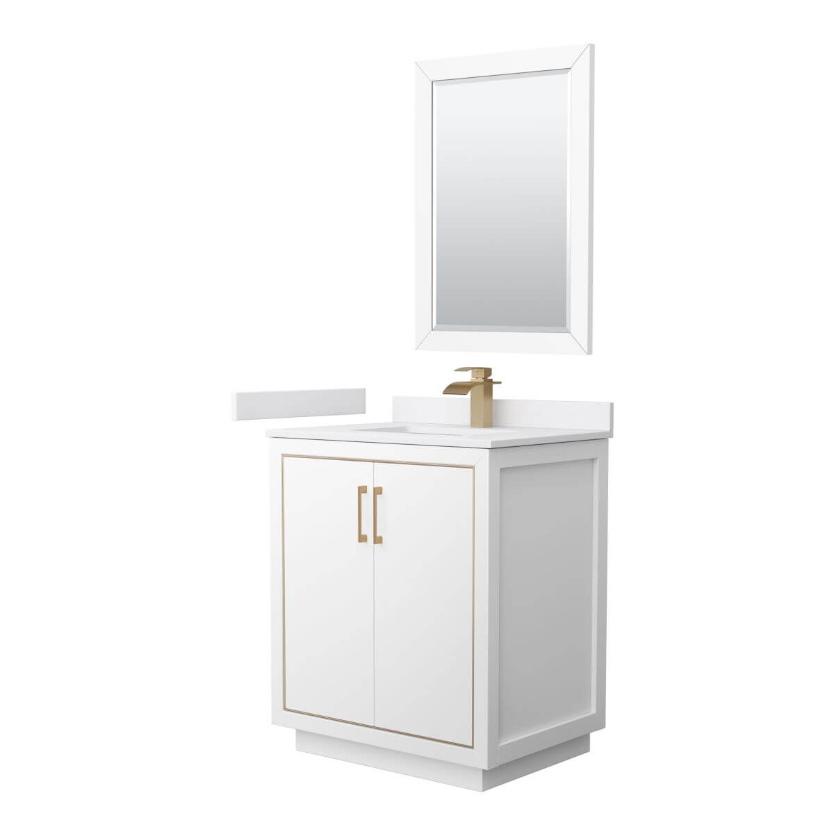 Wyndham Collection WCF111130SWZWCUNSM24 Icon 30 inch Single Bathroom Vanity in White with White Cultured Marble Countertop, Undermount Square Sink, Satin Bronze Trim and 24 Inch Mirror