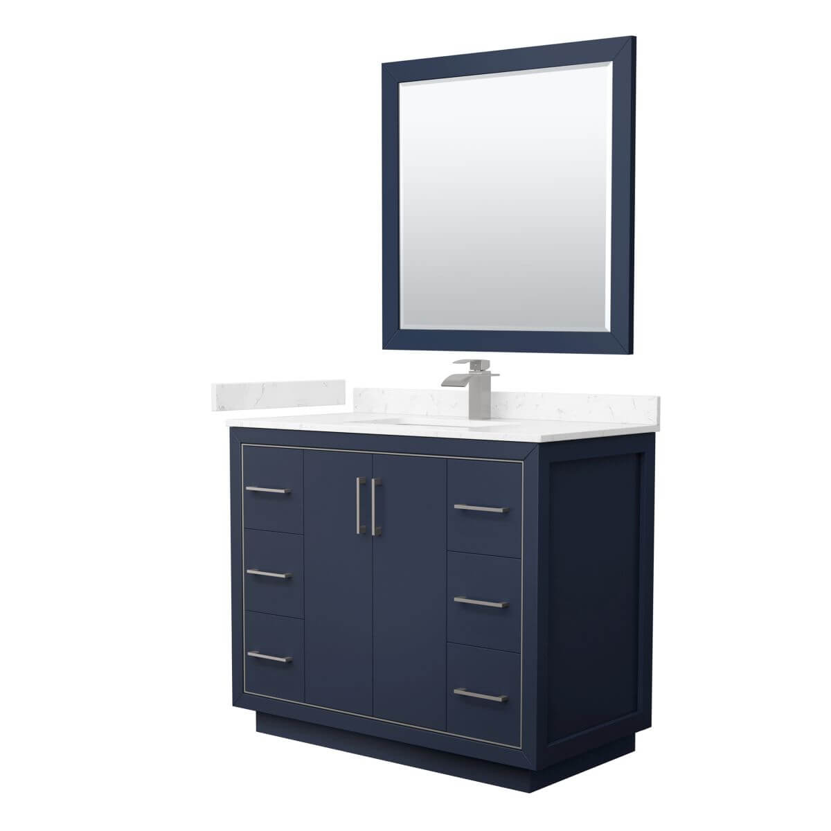 Wyndham Collection WCF111142SBNC2UNSM34 Icon 42 inch Single Bathroom Vanity in Dark Blue with Carrara Cultured Marble Countertop, Undermount Square Sink, Brushed Nickel Trim and 34 Inch Mirror