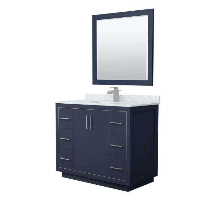 Wyndham Collection WCF111142SBNCMUNSM34 Icon 42 inch Single Bathroom Vanity in Dark Blue with White Carrara Marble Countertop, Undermount Square Sink, Brushed Nickel Trim and 34 Inch Mirror