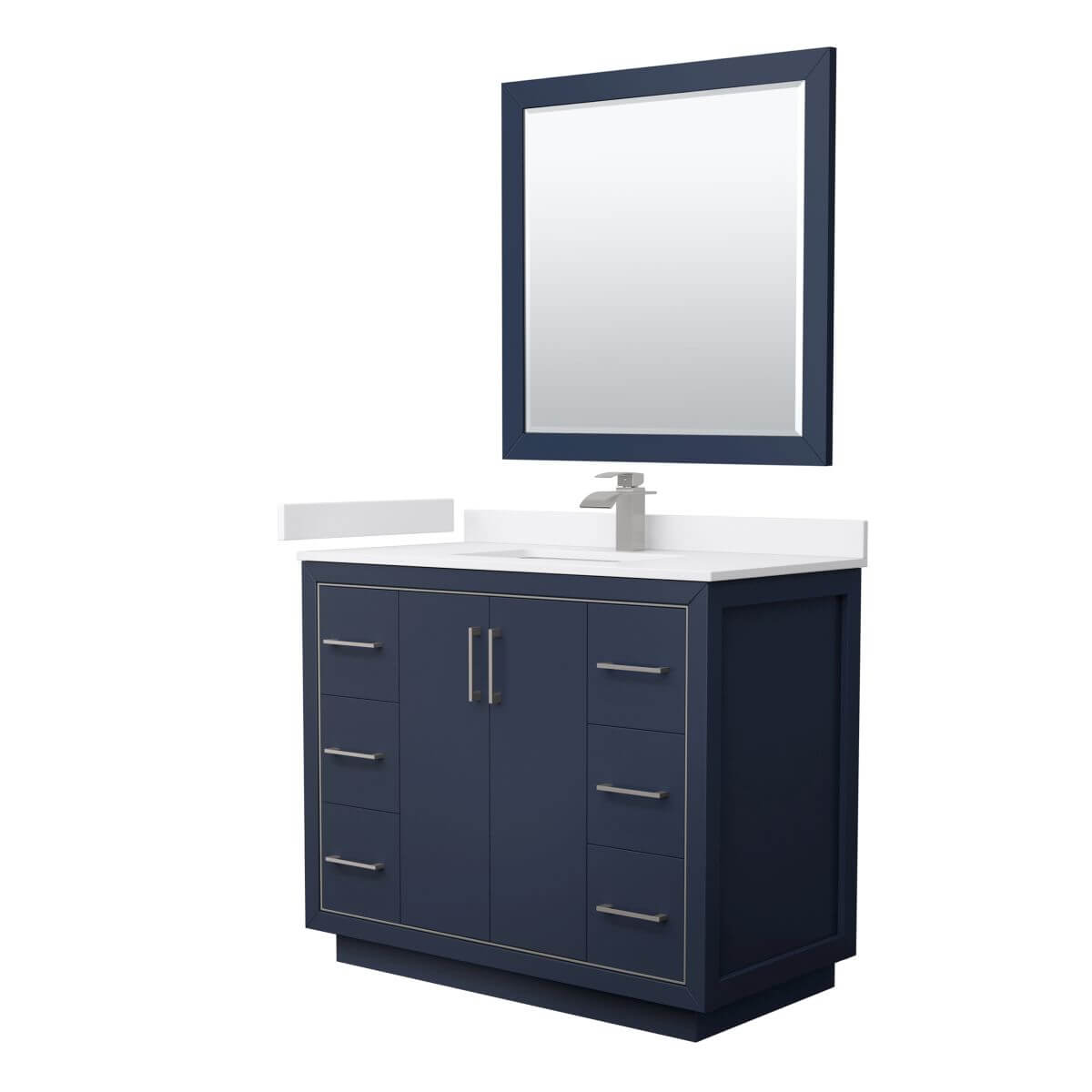 Wyndham Collection WCF111142SBNWCUNSM34 Icon 42 inch Single Bathroom Vanity in Dark Blue with White Cultured Marble Countertop, Undermount Square Sink, Brushed Nickel Trim and 34 Inch Mirror